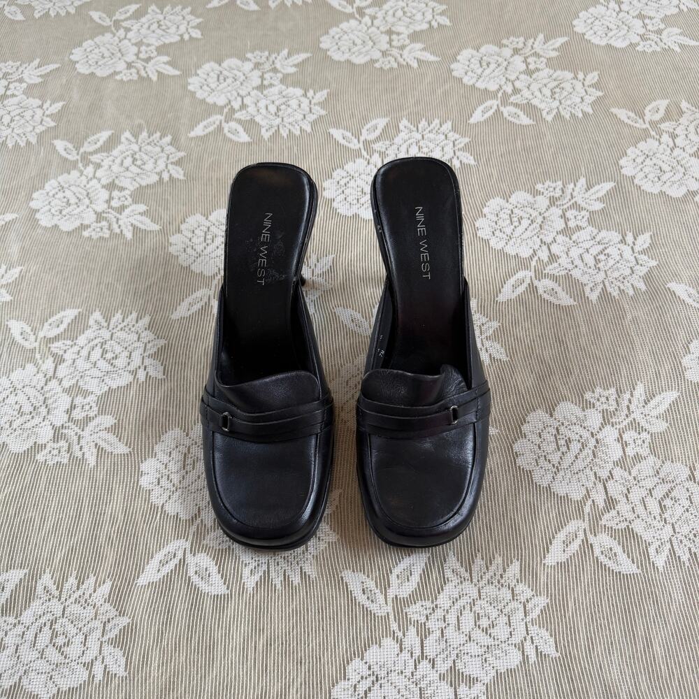 Nine West Black Leather Loafer Mule Heels Size 7M - Picture 3 of 5